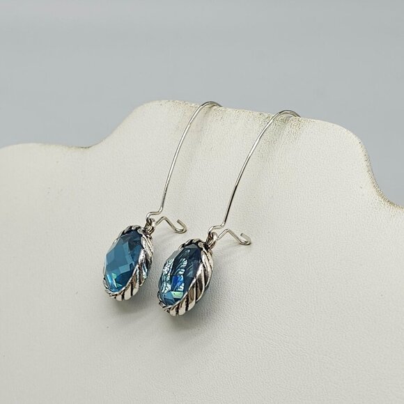 Silver Tone Blue Acrylic Crystal Faceted Drop Earrings - Picture 3 of 5